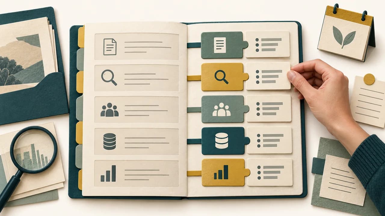 Protocolo de revisão e itens de relato ficam alinhados numa matriz que mostra onde cada decisão será documentada.